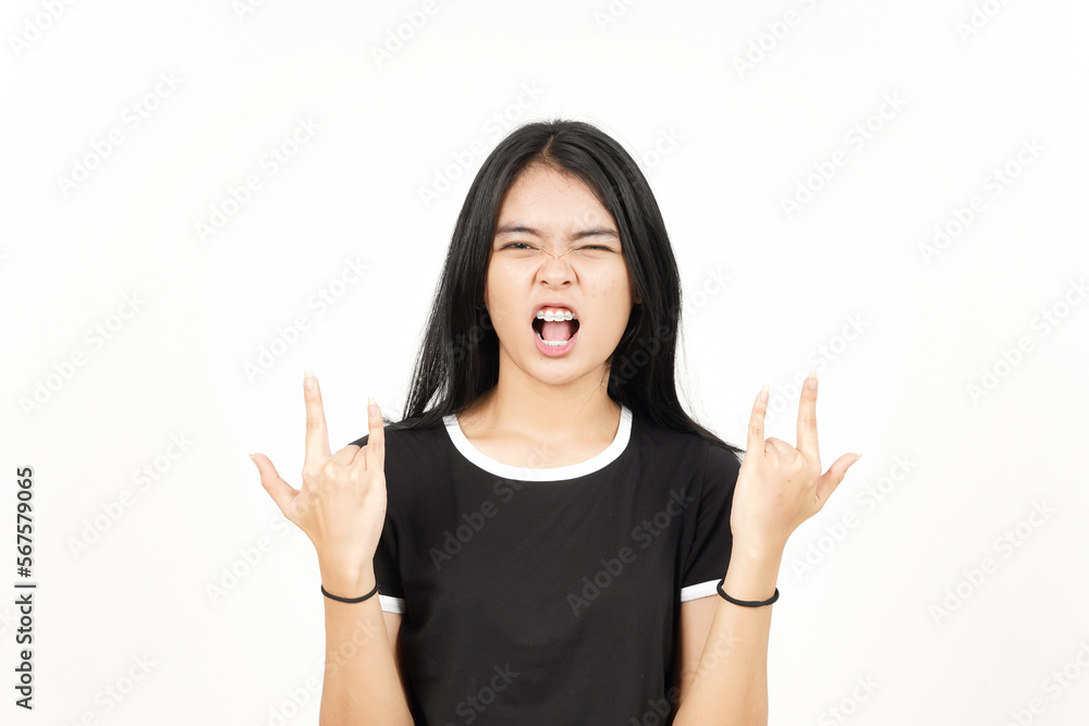 Showing Metal Hands Of Beautiful Asian Woman Isolated On White Background Showing Metal Hands Of Beautiful Asian Woman Isolated On White Background