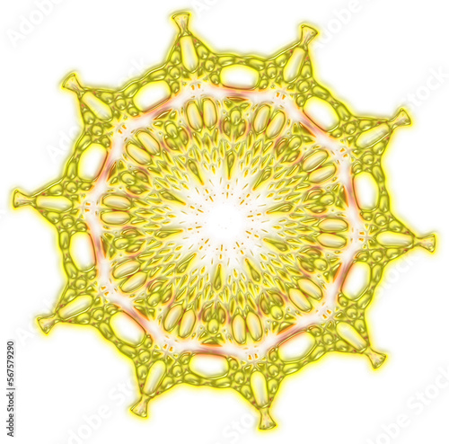 Volumetric with translucent elements golden mandala  melted with metallic reflections. Isolated on transparent. png format.	