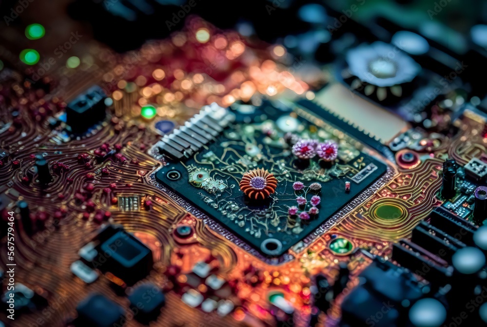 Obraz premium circuit board with blooming flowers growing on top of it (AI Generated)