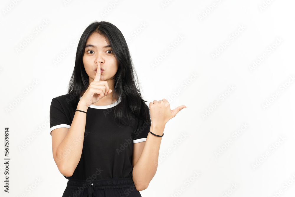 Shh gesture, Presenting and Pointing Side Product Using Thumb Of Beautiful Asian Woman Isolated Shh gesture, Presenting and Pointing Side Product Using Thumb Of Beautiful Asian Woman Isolated