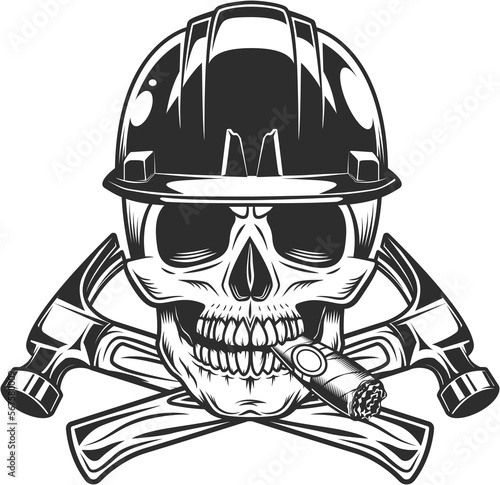 Skull smoking cigar or cigarette smoke and crossed builder hammers with hard hat from new construction and remodeling house business vintage style isolated illustration