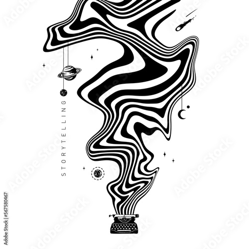 Hypnotic optical vector illustration. Multidimensional waves flowing out of a typewriter, with planets, and "Storytelling" text.