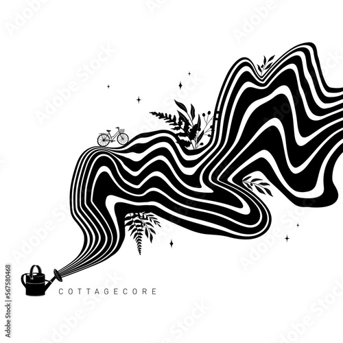 Hypnotic optical vector illustration. Multidimensional waves flowing out of a watering can, with bicycle, plants, and 