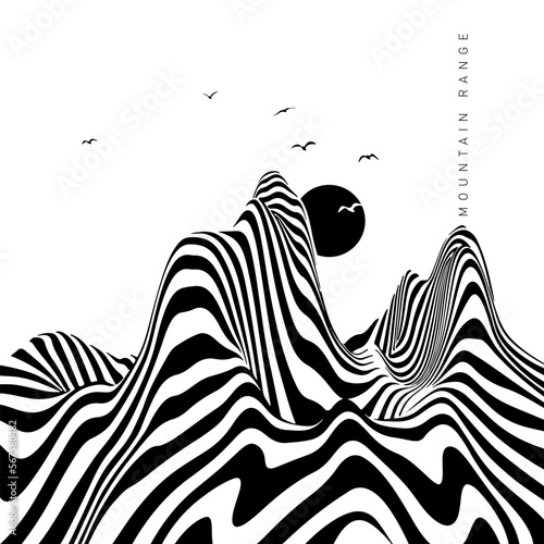 Hypnotic optical vector illustration. Multidimensional waves forming peaks, with sun, seagulls, and 