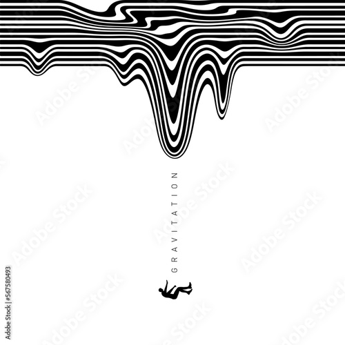 Hypnotic optical vector illustration. Multidimensional waves flowing like a river, with human body, and "Gravitation" text.