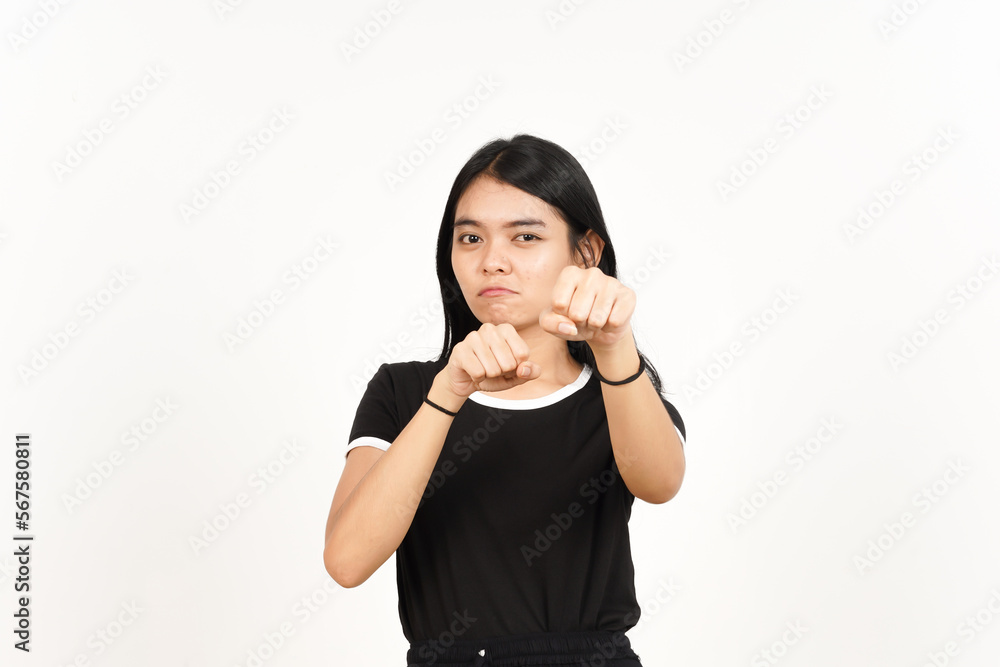 Punching fist to fight or angry Of Beautiful Asian Woman Isolated On White Background Punching fist to fight or angry Of Beautiful Asian Woman Isolated On White Background