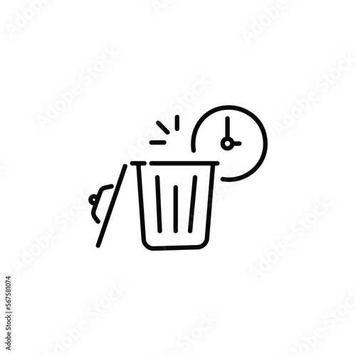 trash bin with clock, icon, recycle time, hour cleaning, waste, thin line symbol on white background - editable stroke vector eps10