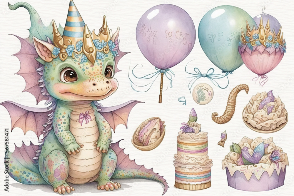 Baby Dragon birthday party clip art watercolor, Generative AI