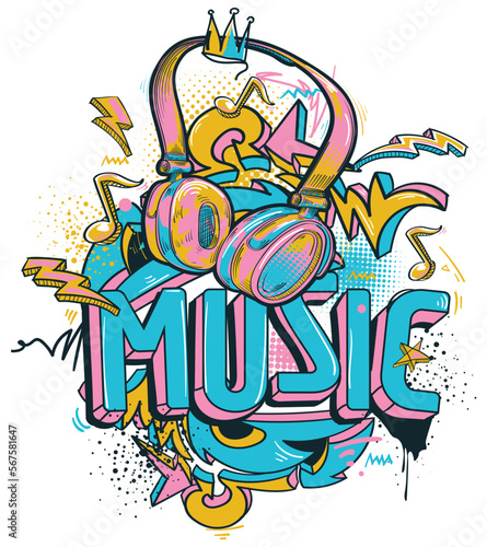Music design - colorful drawn funky headphones and graffiti arrows