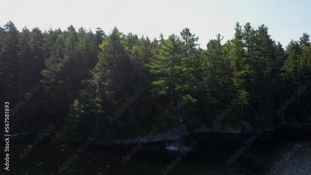Young man leaps off tree platform into summer lake, doing back flip Young man leaps off tree platform into summer lake, doing back flip