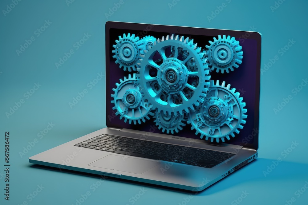 Laptop with gears on screen on blue background, settings concept, digital illustration, AI