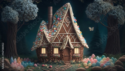 House made of candy in enchanted forest of fantasy world, 3D illustration, AI