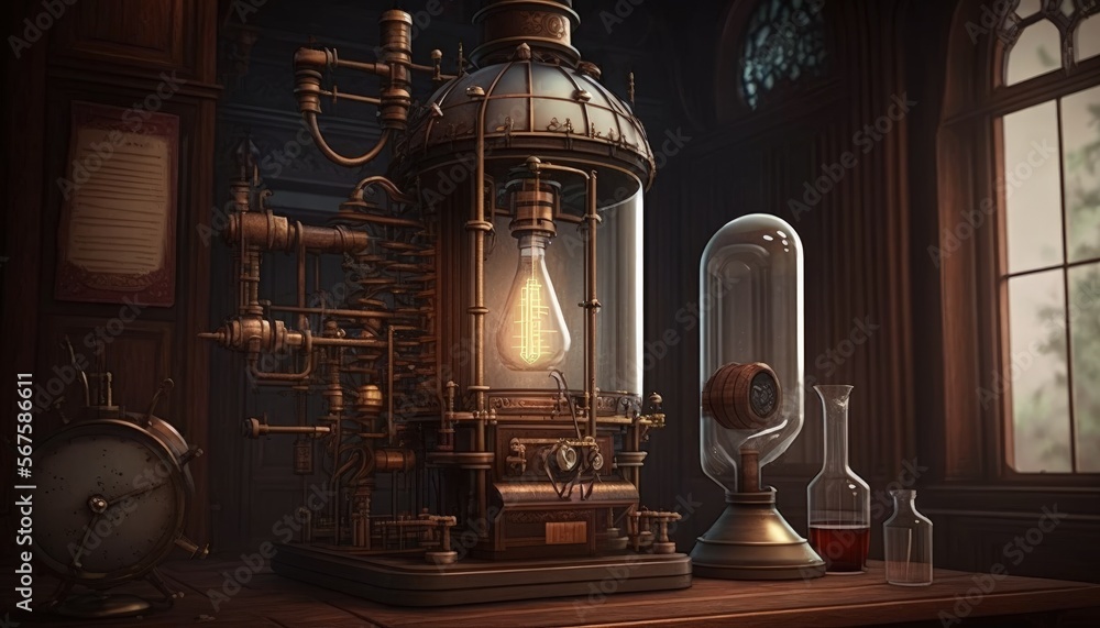 Steampunk lab, old science laboratory with steam engines, digital illustration, AI



