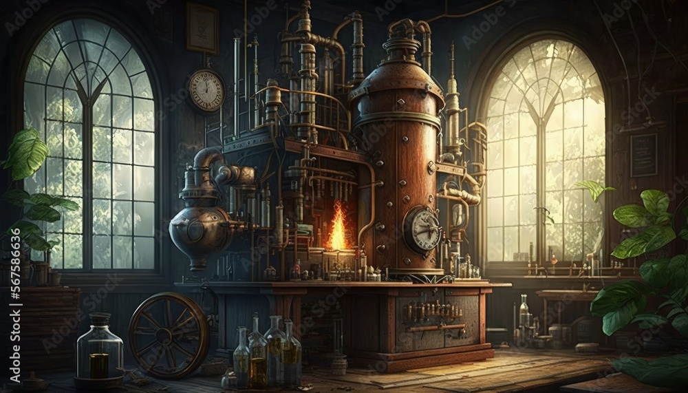 Steampunk lab, old science laboratory with steam engines, digital