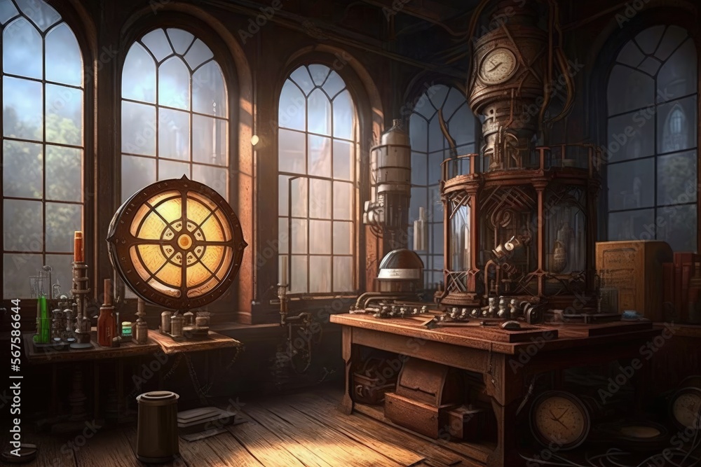 Steampunk lab, old science laboratory with steam engines, digital