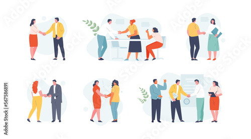 Business people shake hands. Negotiations and meetings, conclusion of transactions, contracts and agreements. Vector characters set