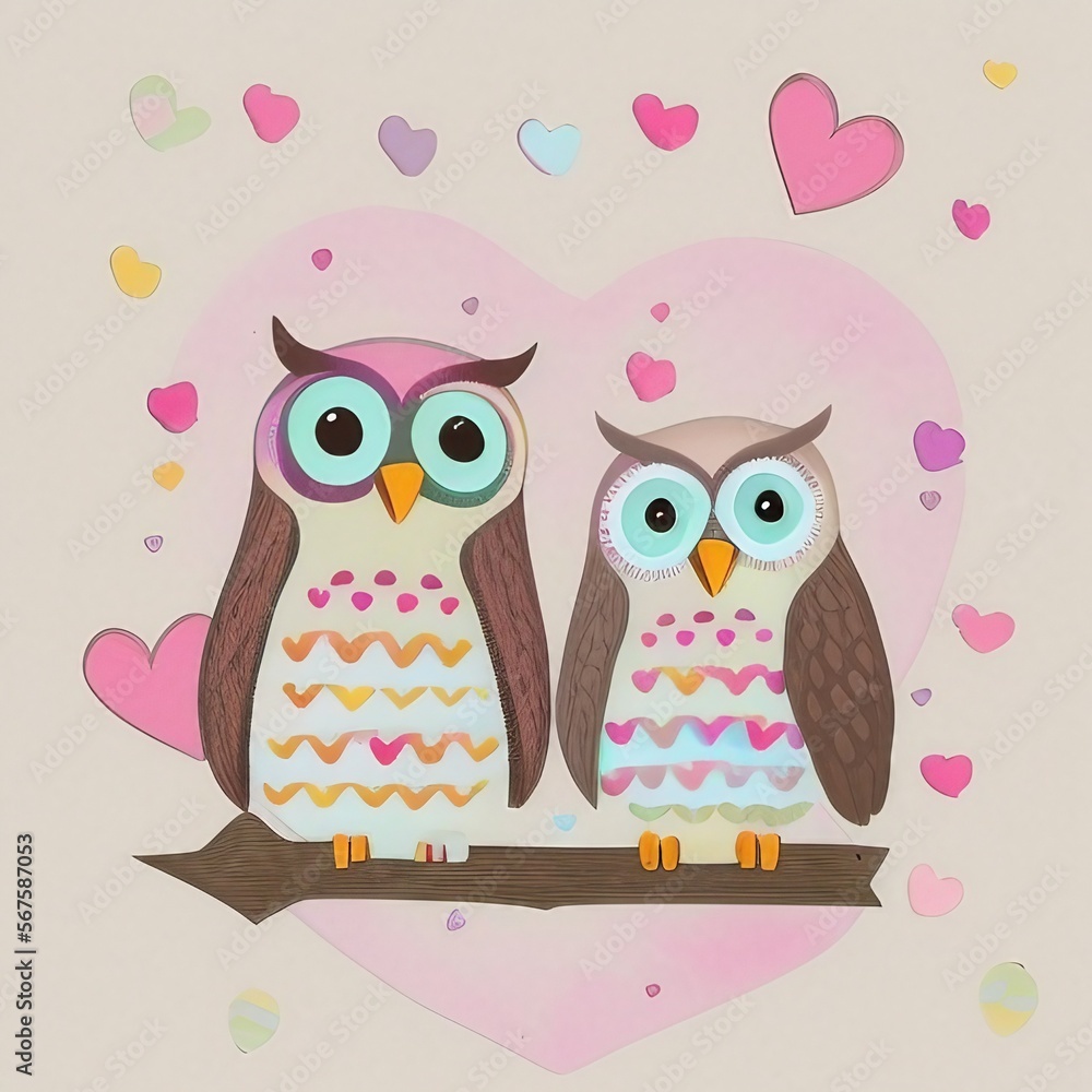 Fototapeta premium Illustration of two cute owls in love surrounded by hearts (created with Generative AI)