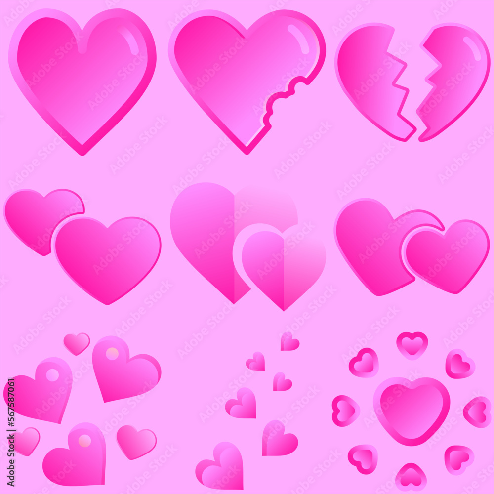Valentine hearts vector graphic resources. Valentine's day loves icon. Shiny gradient pink love heart design. Set of 3d valentine element vector illustration 