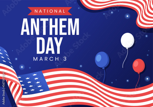 National Anthem Day on March 3 Illustration with United States of America Flag for Web Banner or Landing Page in Flat Cartoon Hand Drawn Template