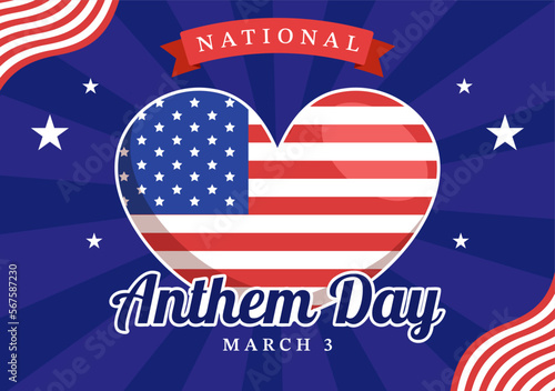National Anthem Day on March 3 Illustration with United States of America Flag for Web Banner or Landing Page in Flat Cartoon Hand Drawn Template