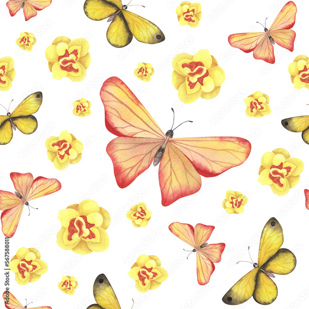 seamless pattern Orange, yellow butterfly with daffodils isolated on white. Watercolor illustration for design fabrics