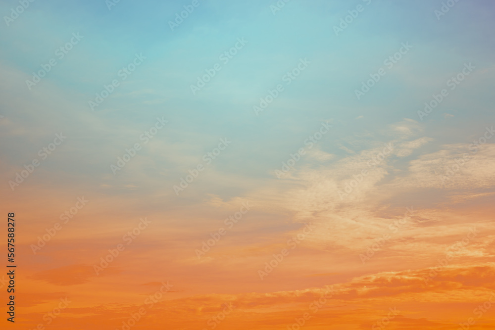 Gorgeous panorama scenic of the beautiful colorful dramatic sky with clouds at sunset or sunrise.