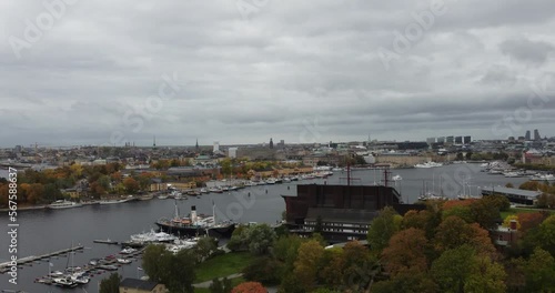 It is an aerial view of the city of Stockholm, Sweden. You can appreciate the Vasa museum on the island of Djurgården. It houses the warship of that name photo