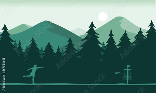 Premium editable vector file of fabulous discgolf game with beautiful forest scene in the background best for your digital design and print mockup