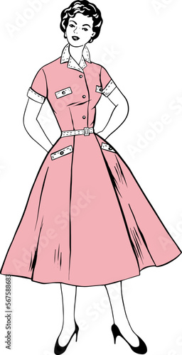 Vector fashion image young woman in retro vintage dress