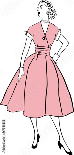 Line fashion image young woman in retro vintage dress