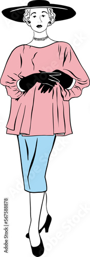 Vector fashion image woman in retro vintage clothes and black hat line silhouette