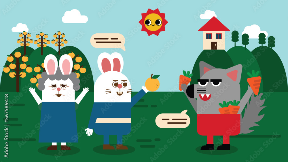 Fototapeta premium cute rabbit and wolf giving out gifts vector flat design illustration 