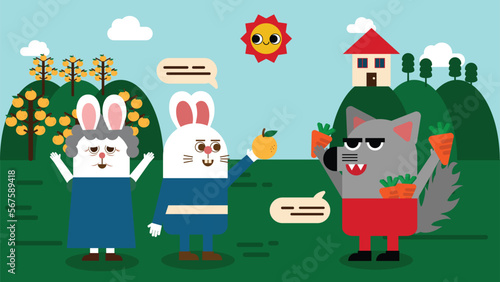 cute rabbit and wolf giving out gifts vector flat design illustration 