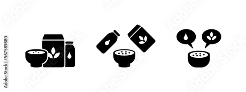 Cereal with milk icon set. Breakfast symbol in black style - stock vector.