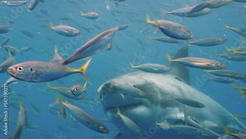 Close-up of great white shark swimming underwater in front of camera in a school of fish off the coast of Guadeloupe, Mexico. Carcharodon carcharias, or white shark. Most predator shark in the ocean.
