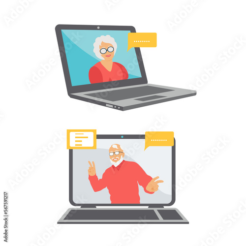 Elderly people, pensioners are talking on a laptop. Video communication. Communication. Vector set in flat style
