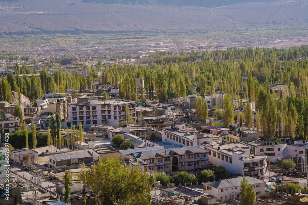 Leh town seen from above with many houses and mountains surrounded at Ladakh, in the Indian Himalayas.