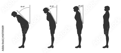 Foto ショートカットの女性がお辞儀をしているシルエットに角度が記載されたイラスト
