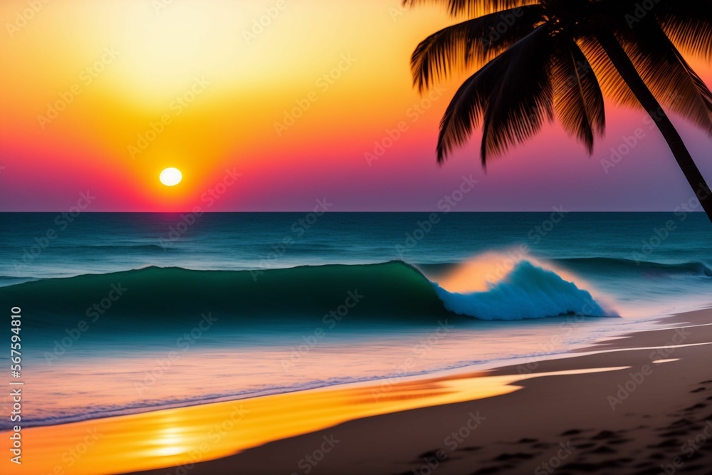 Sunset Paradise: A Beach Landscape with Coconut Trees and a Boat