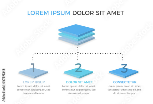 Flowchart with 3 elements with 3D squares, process diagram with 3 steps