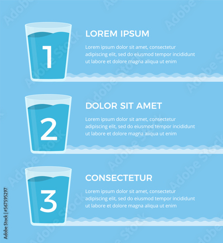 Three glasses with water with numbers and place for your text, water infographics