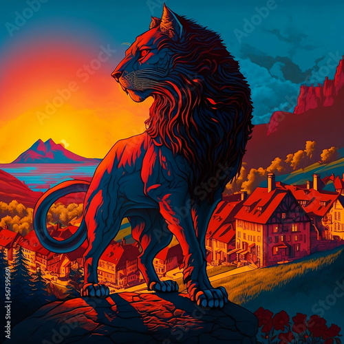 A psychedelic lion standing on a rock in front of a sunset, poster, psychedelic art, behance hd, poster art, concert poster
