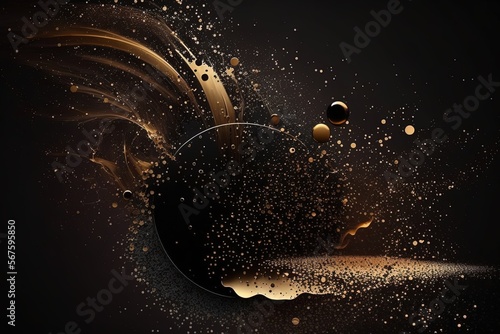 Glitter gold background exploded with flares isolated in dark black background 