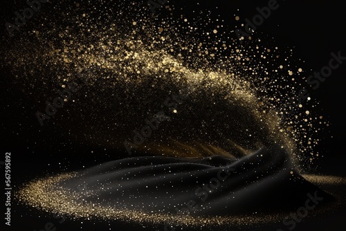 Glitter gold background exploded with flares isolated in dark black background 