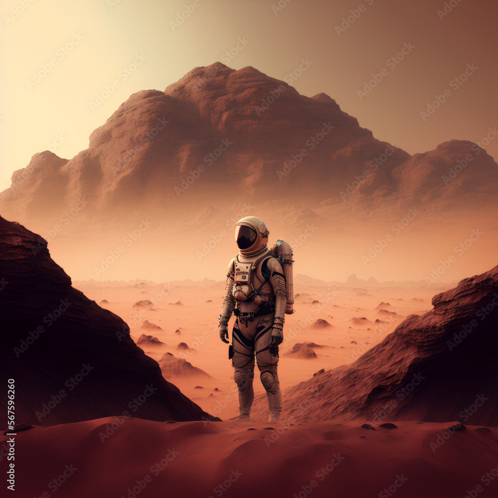 Astronaut in spacesuit on Mars, alone man walking on red planet, An astronaut on an alien planet