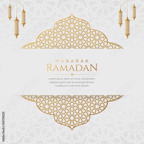 Ramadan Eid Mubarak Greeting Card Background Design Template with Golden Ornaments and Islamic Pattern