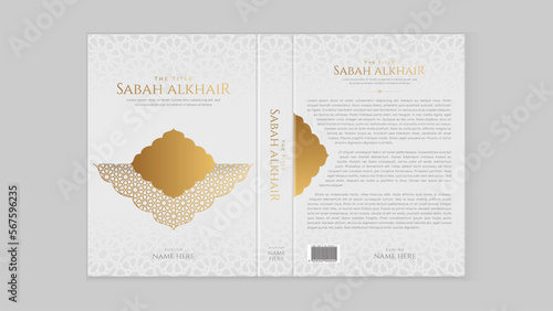 Islamic Arabic Style White and Golden Book Cover Template Design with Arabesque Moroccan Pattern