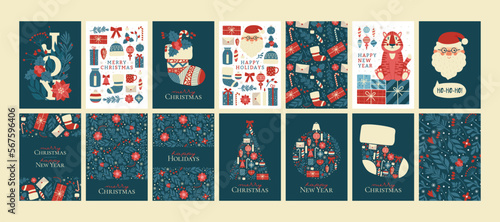 Big set of different Christmas and New Year cards. Collection illustrations and seamless winter holiday patterns, backgrounds. Cliparts for banner, invitation, wrapping paper, cover.