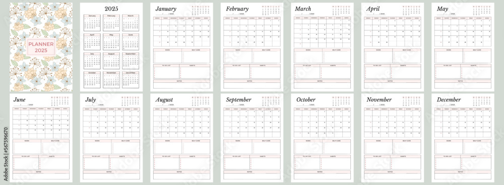 Pink Minimalist Monthly Calendar 2025 Planner Bundle and cover Stock 