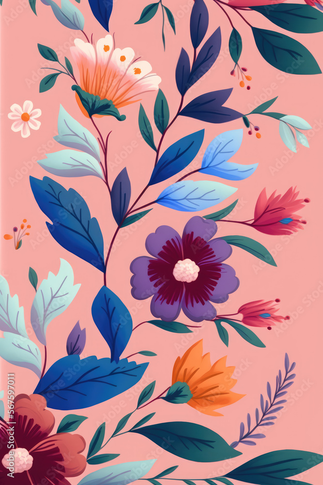 gouache painted flowers pattern on pink background 